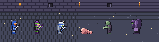 Pixel mercenaries in the jail facing a worm, a zombie and Hyde, the venom boss